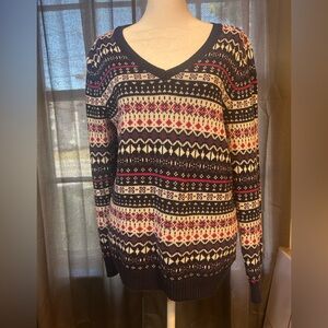 Croft & Barrow Women's V-Neck Sweater - Navy, Cream, Pink Design